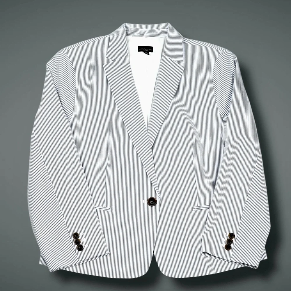 Ann Taylor Factory Womens Striped Blazer Size 16 Blue White Cotton Blend Jacket - Picture 8 of 15